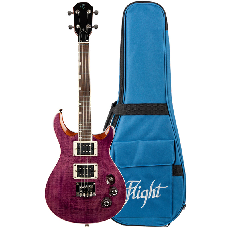 A Flight Vanguard solid body electric ukulele with a transparent purple flame maple top and dual humbucker pickups, standing next to a blue padded gig bag with the Flight logo.