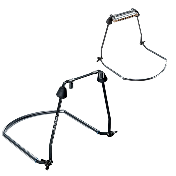 A black and chrome metal harmonica holder featuring a curved neckpiece and rubber grips on the holding arms, shown from two different angles.