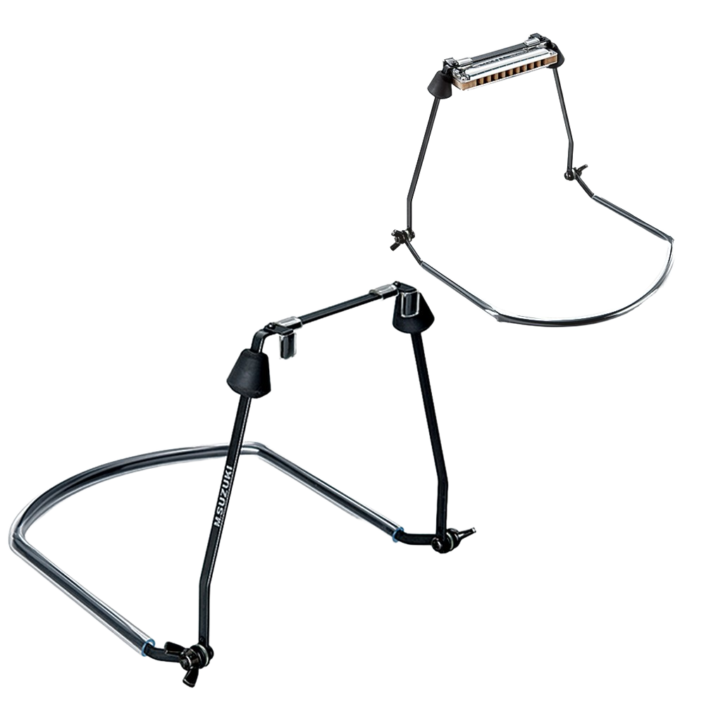 A black and chrome metal harmonica holder featuring a curved neckpiece and rubber grips on the holding arms, shown from two different angles.
