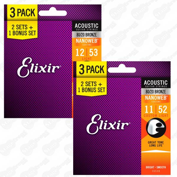 3 SET PACK OF ELIXIR ACOUSTIC NANOWEB 80/20 GUITAR STRINGS 3 SETS - SELECT GAUGE