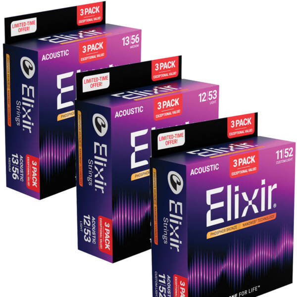 ELIXIR 3 SET PACK OF ACOUSTIC GUITAR STRINGS NANO PHOSPHOR BRONZE - SELECT GAUGE