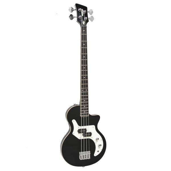 Front view of a black Orange O Bass electric guitar with a white pickguard, maple neck, and purpleheart fretboard, standing upright against a solid white background.