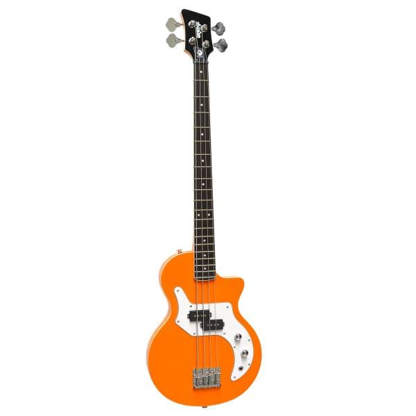 Front view of a bright orange Orange O Bass electric guitar featuring a white pickguard, black headstock, maple neck, and purpleheart fretboard against a solid white background.