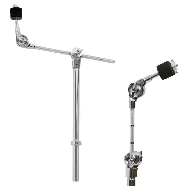 Chrome metal cymbal boom arm featuring an adjustable tilter with black felts and a wingnut, a knurled rod, and a multi-clamp attachment. An inset image shows a close-up of the tilter mechanism.
