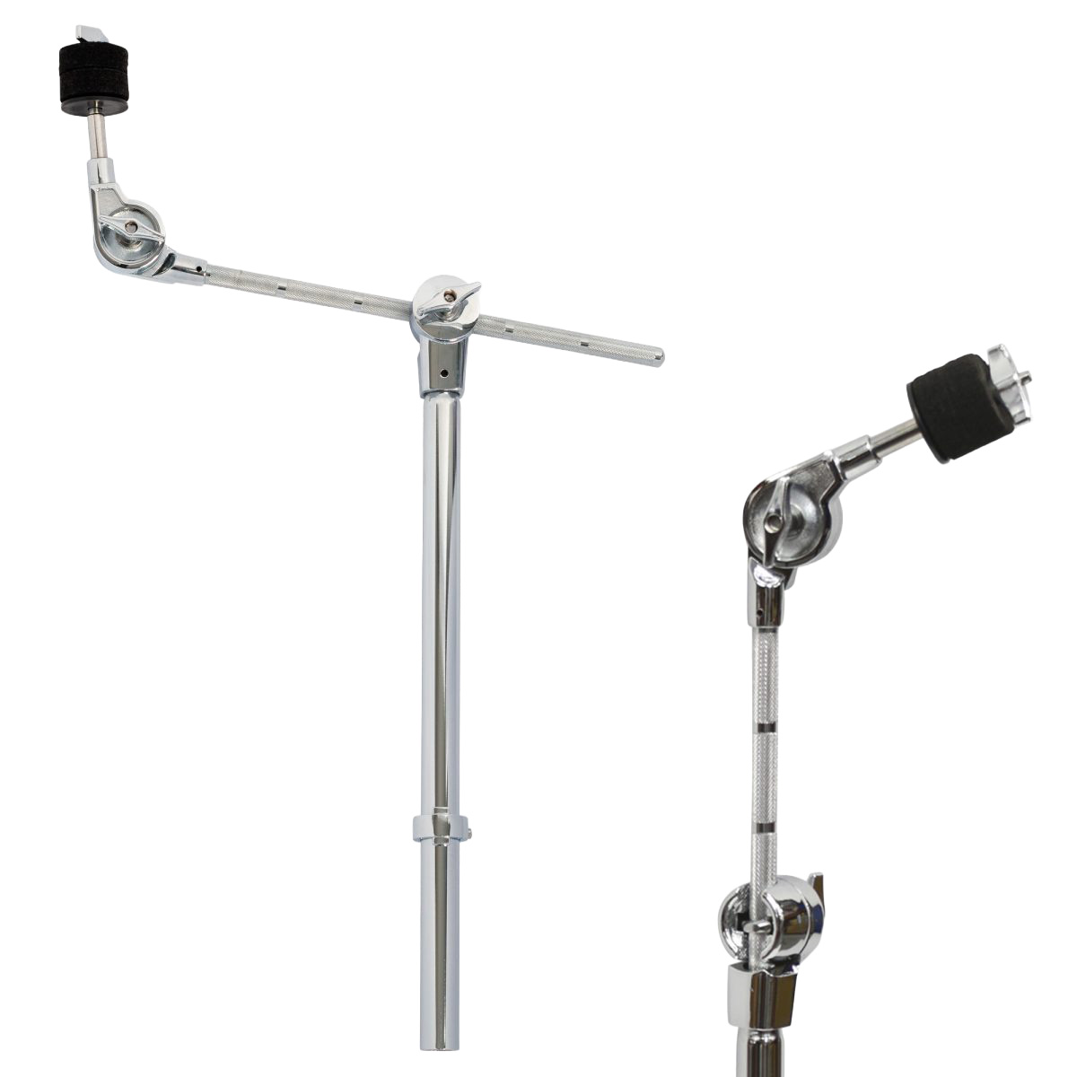 Chrome metal cymbal boom arm featuring an adjustable tilter with black felts and a wingnut, a knurled rod, and a multi-clamp attachment. An inset image shows a close-up of the tilter mechanism.