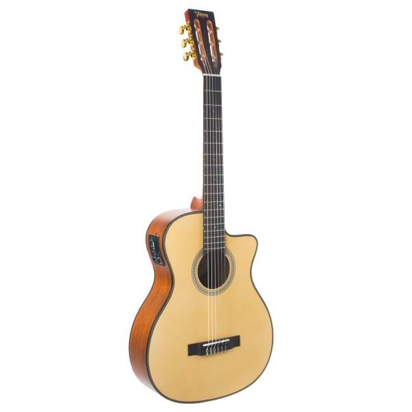 Valencia VA434CE full-size auditorium acoustic-electric nylon string guitar featuring a natural Sitka spruce top, cutaway body design, and built-in preamp on a white background.
