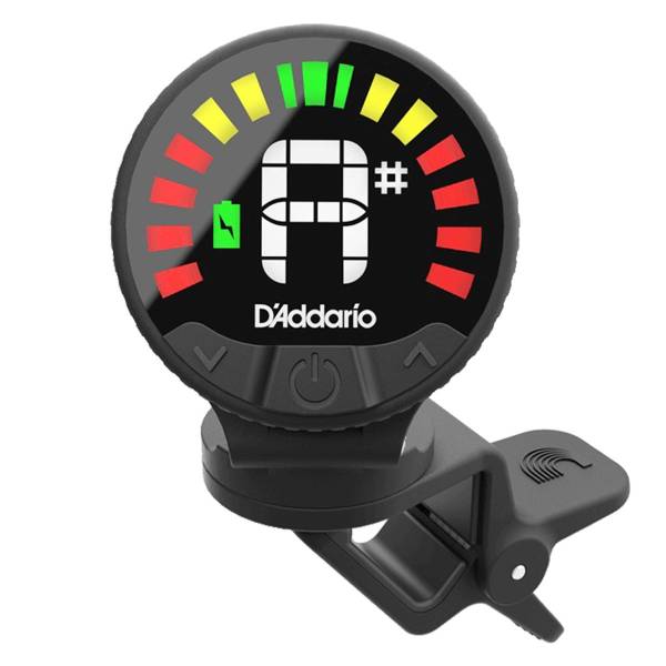 Black D'Addario Nexxus 360 Rechargeable clip-on headstock tuner featuring a bright full-color LED screen displaying an A sharp note and a green battery icon.