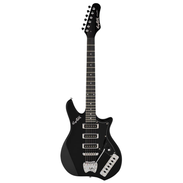 An asymmetrical solid body electric guitar in black gloss with three single-coil pickups, a prominent array of slider switches on the lower bout, a white switch plate, and a vintage tremolo bridge system