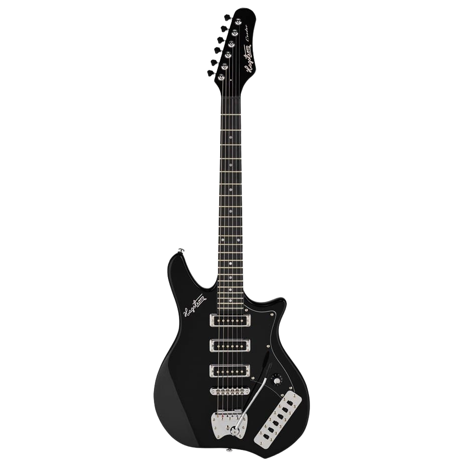 An asymmetrical solid body electric guitar in black gloss with three single-coil pickups, a prominent array of slider switches on the lower bout, a white switch plate, and a vintage tremolo bridge system