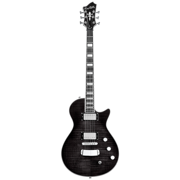 Hagstrom Ultra Max electric guitar in Dark Storm finish, featuring a single-cutaway body, dark flamed top, dual humbucking pickups, and chrome hardware.