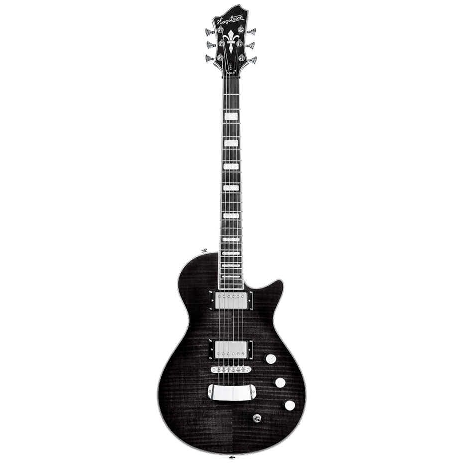 Hagstrom Ultra Max electric guitar in Dark Storm finish, featuring a single-cutaway body, dark flamed top, dual humbucking pickups, and chrome hardware.