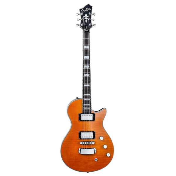 Hagstrom Ultra Max electric guitar in a bright Milky Mandarin Satin finish with a single-cutaway shape, dual humbucking pickups, and chrome hardware.