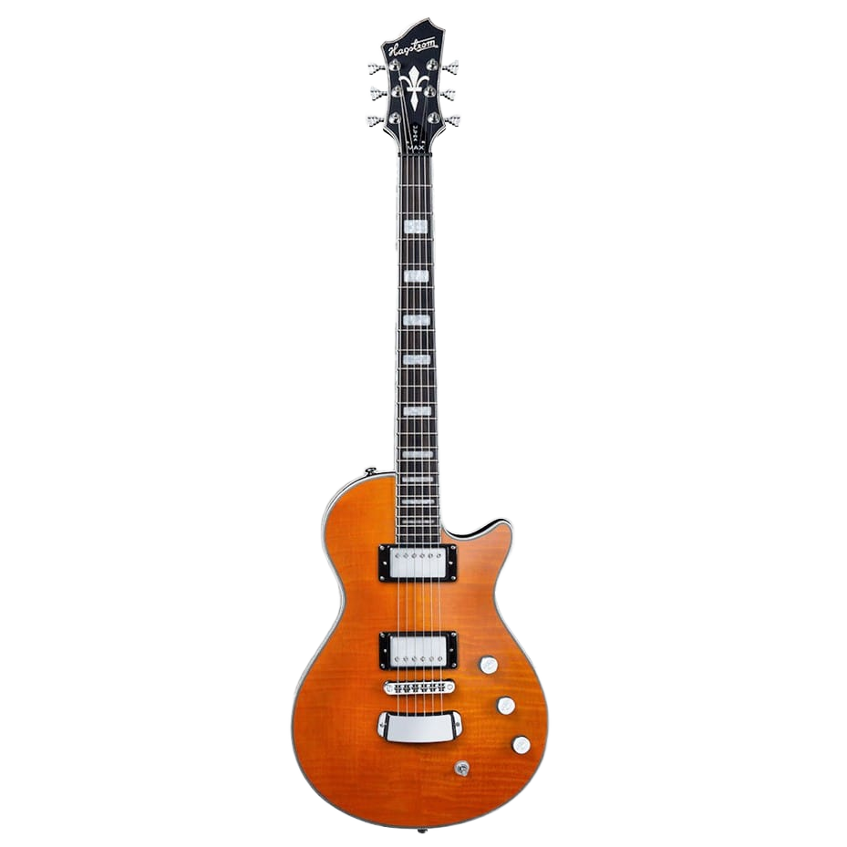 Hagstrom Ultra Max electric guitar in a bright Milky Mandarin Satin finish with a single-cutaway shape, dual humbucking pickups, and chrome hardware.