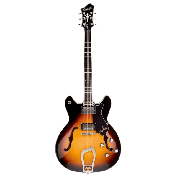Hagstrom Viking semi-hollow electric guitar in a Tobacco Sunburst finish, showcasing a double-cutaway body, f-holes, two humbuckers, and an ornate headstock.