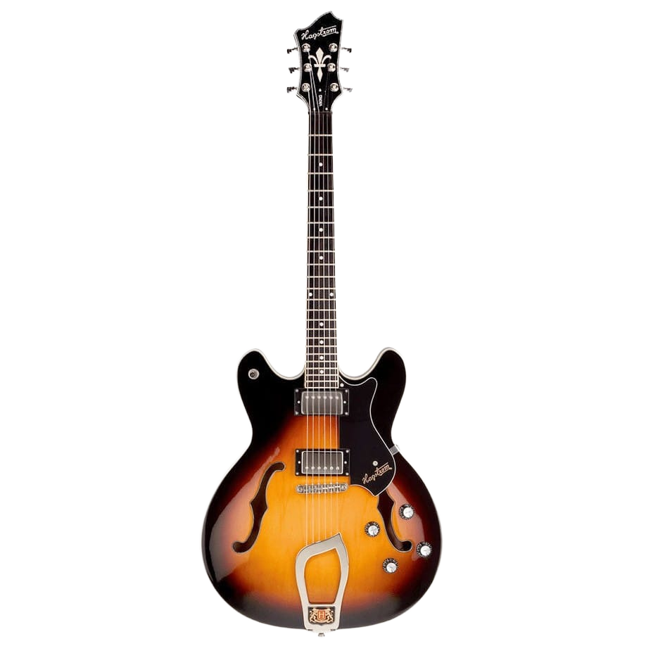Hagstrom Viking semi-hollow electric guitar in a Tobacco Sunburst finish, showcasing a double-cutaway body, f-holes, two humbuckers, and an ornate headstock.