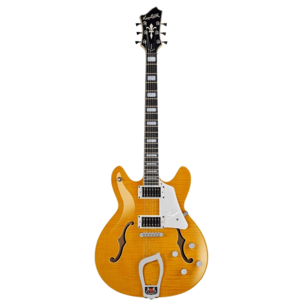 Hagstrom Hollow Body Super Viking electric guitar in Dandy Dandelion yellow finish, featuring dual f-holes, humbucking pickups, and a trapeze tailpiece.