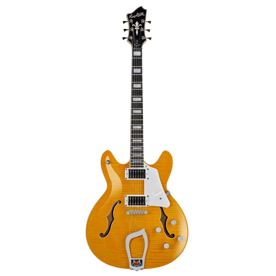 Hagstrom Hollow Body Super Viking electric guitar in Dandy Dandelion yellow finish, featuring dual f-holes, humbucking pickups, and a trapeze tailpiece.