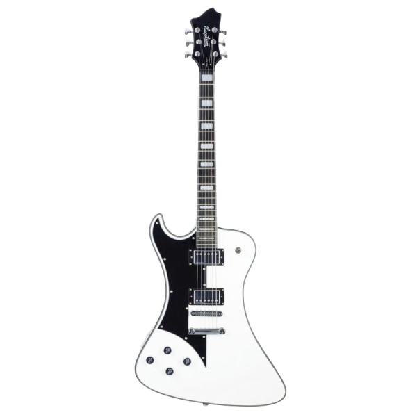 A left-handed asymmetrical solid body electric guitar in white gloss featuring a black pickguard, dual humbucking pickups, block inlays, and a matching black headstock .