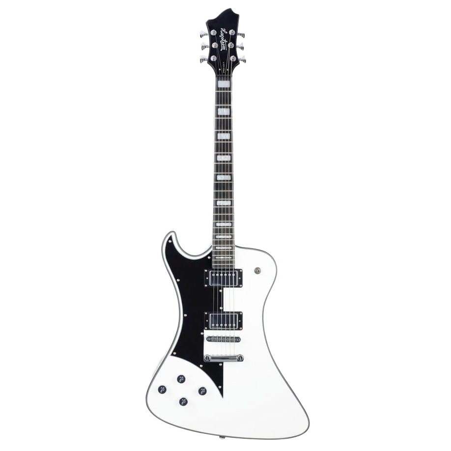 A left-handed asymmetrical solid body electric guitar in white gloss featuring a black pickguard, dual humbucking pickups, block inlays, and a matching black headstock .