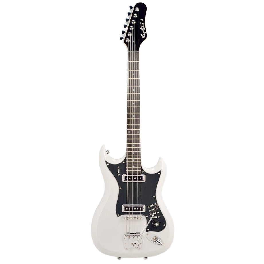 Hagstrom H-II Retroscape electric guitar featuring a white finish, black pickguard, two single-coil pickups, and a tremolo tailpiece.