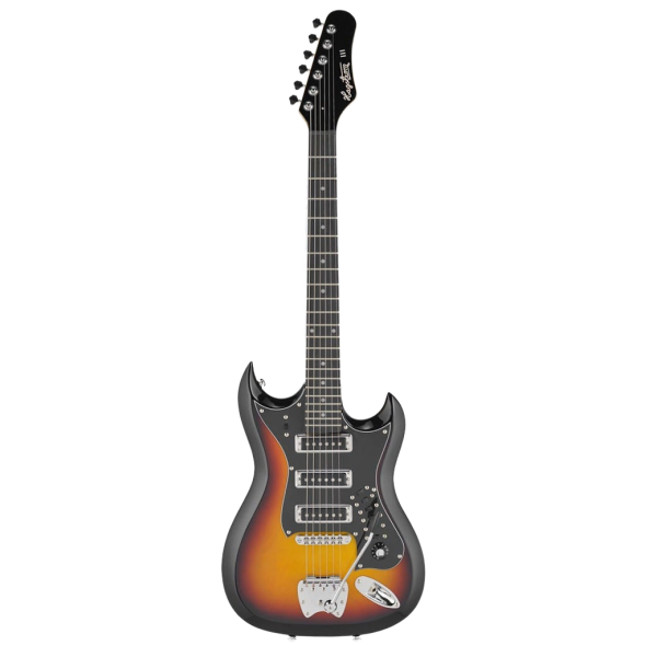 An asymmetrical double-cutaway solid body electric guitar in a 3-tone sunburst finish. It features three pickups, multiple slider switches mounted on a black pickguard, a black headstock, and a tremolo arm .