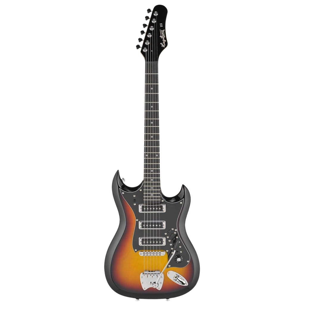 An asymmetrical double-cutaway solid body electric guitar in a 3-tone sunburst finish. It features three pickups, multiple slider switches mounted on a black pickguard, a black headstock, and a tremolo arm .