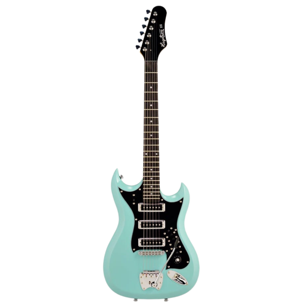 Hagstrom H-III Retroscape electric guitar featuring an aged sky blue finish, black pickguard, three single-coil pickups, and a tremolo tailpiece.