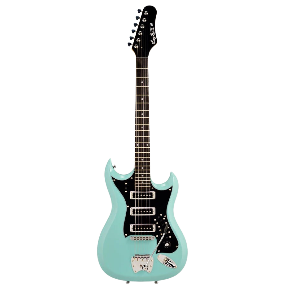 Hagstrom H-III Retroscape electric guitar featuring an aged sky blue finish, black pickguard, three single-coil pickups, and a tremolo tailpiece.