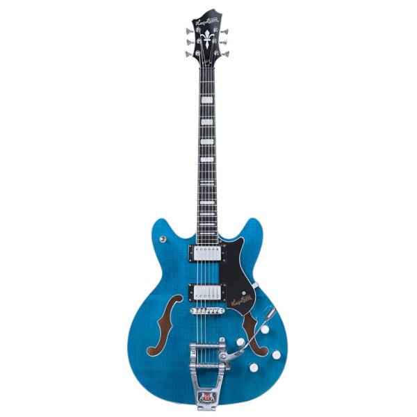 Hagstrom Tremar Viking Deluxe semi-hollow electric guitar featuring a cloudy seas blue finish, dual humbucking pickups, and a Tremar vibrato tailpiece system.