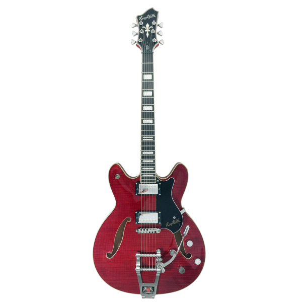 Hagstrom Tremar Viking Deluxe semi-hollow electric guitar featuring a wild cherry transparent red finish, dual humbucking pickups, and a Tremar vibrato tailpiece system.
