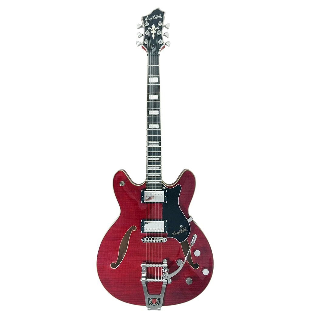 Hagstrom Tremar Viking Deluxe semi-hollow electric guitar featuring a wild cherry transparent red finish, dual humbucking pickups, and a Tremar vibrato tailpiece system.