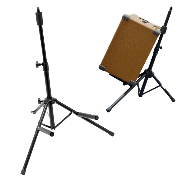 A black On-Stage RS7500 tripod amplifier stand featuring an inset image highlighting a tweed guitar amplifier resting securely on the stand.