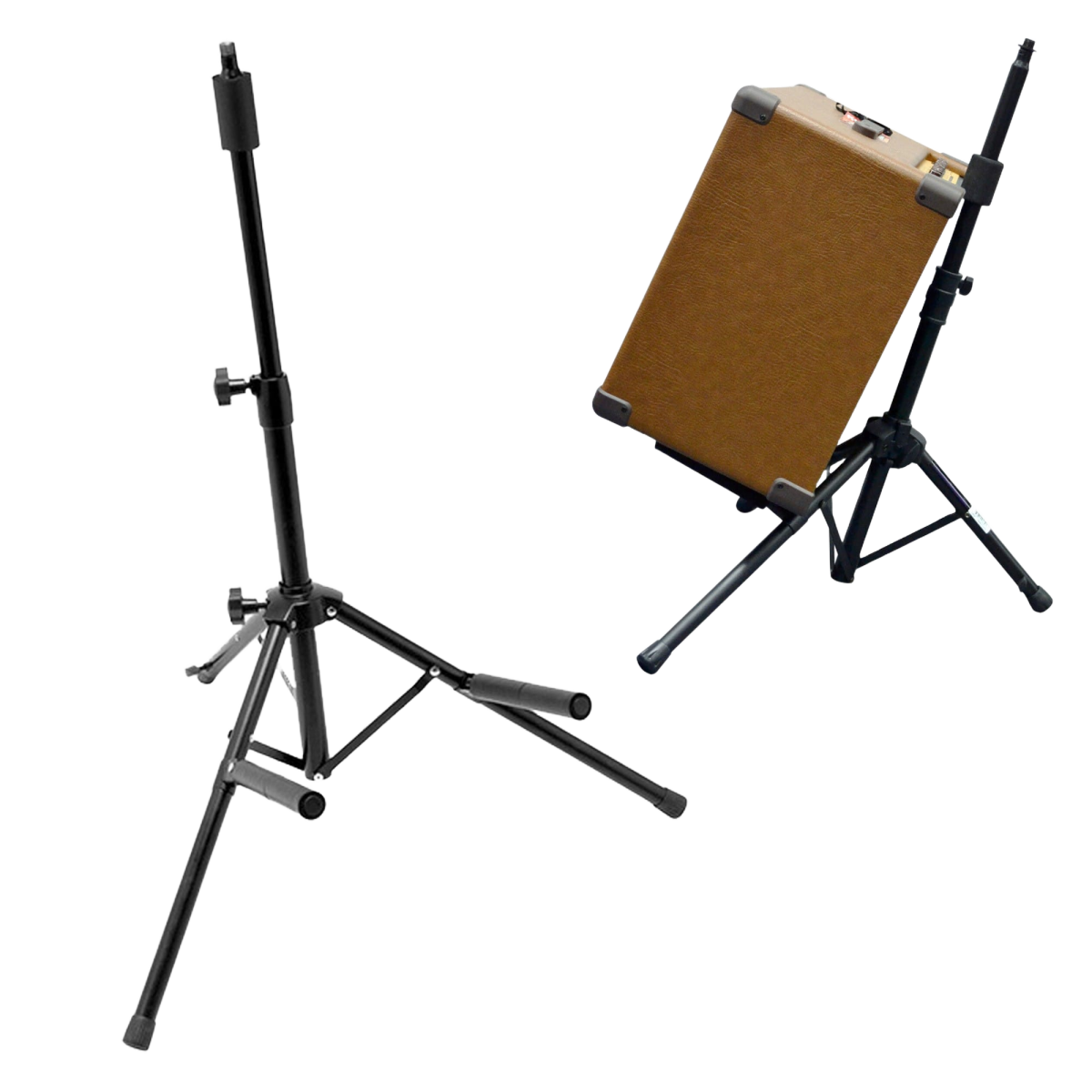 A black On-Stage RS7500 tripod amplifier stand featuring an inset image highlighting a tweed guitar amplifier resting securely on the stand.