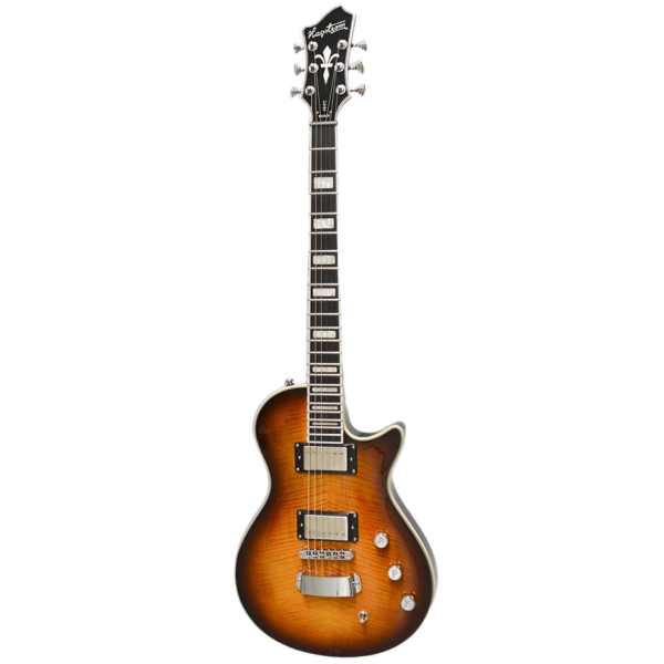 Hagstrom Ultra Max electric guitar featuring a single-cutaway body, flamed Golden Eagle Burst finish, two humbuckers, and an ornate headstock with chrome tuning pegs.