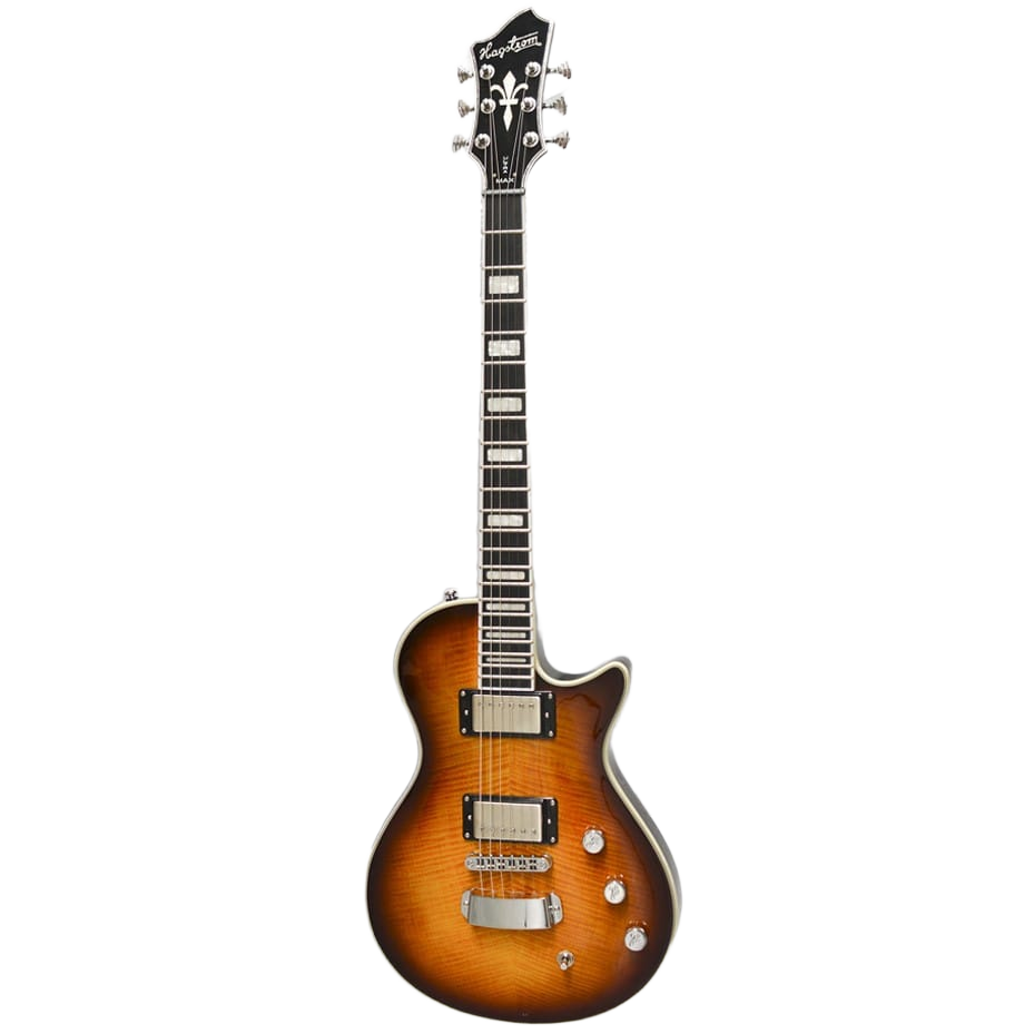 Hagstrom Ultra Max electric guitar featuring a single-cutaway body, flamed Golden Eagle Burst finish, two humbuckers, and an ornate headstock with chrome tuning pegs.