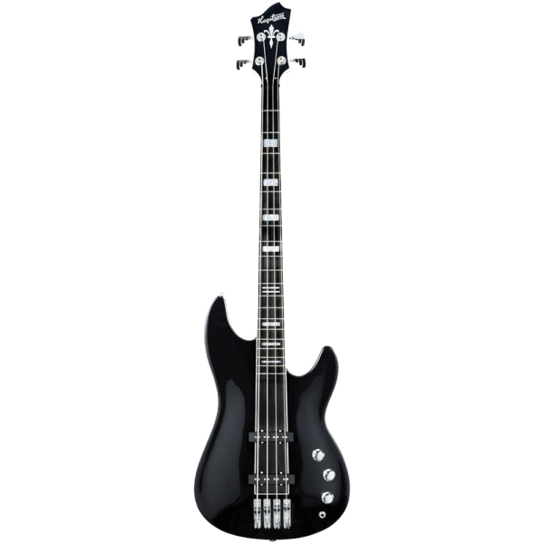 Hagstrom Super Swede solid body bass guitar in black gloss finish, featuring four strings, double pickups, and control knobs