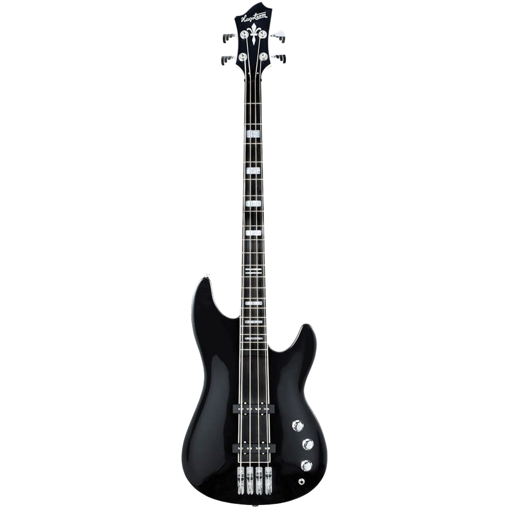 Hagstrom Super Swede solid body bass guitar in black gloss finish, featuring four strings, double pickups, and control knobs