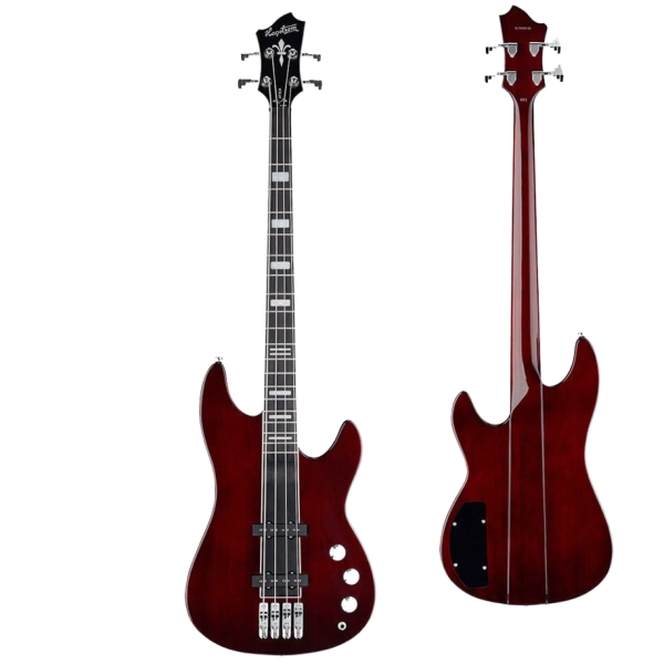 Hagstrom Super Swede bass guitar in natural mahogany finish, showing both the front view and a secondary back view of the instrument.
