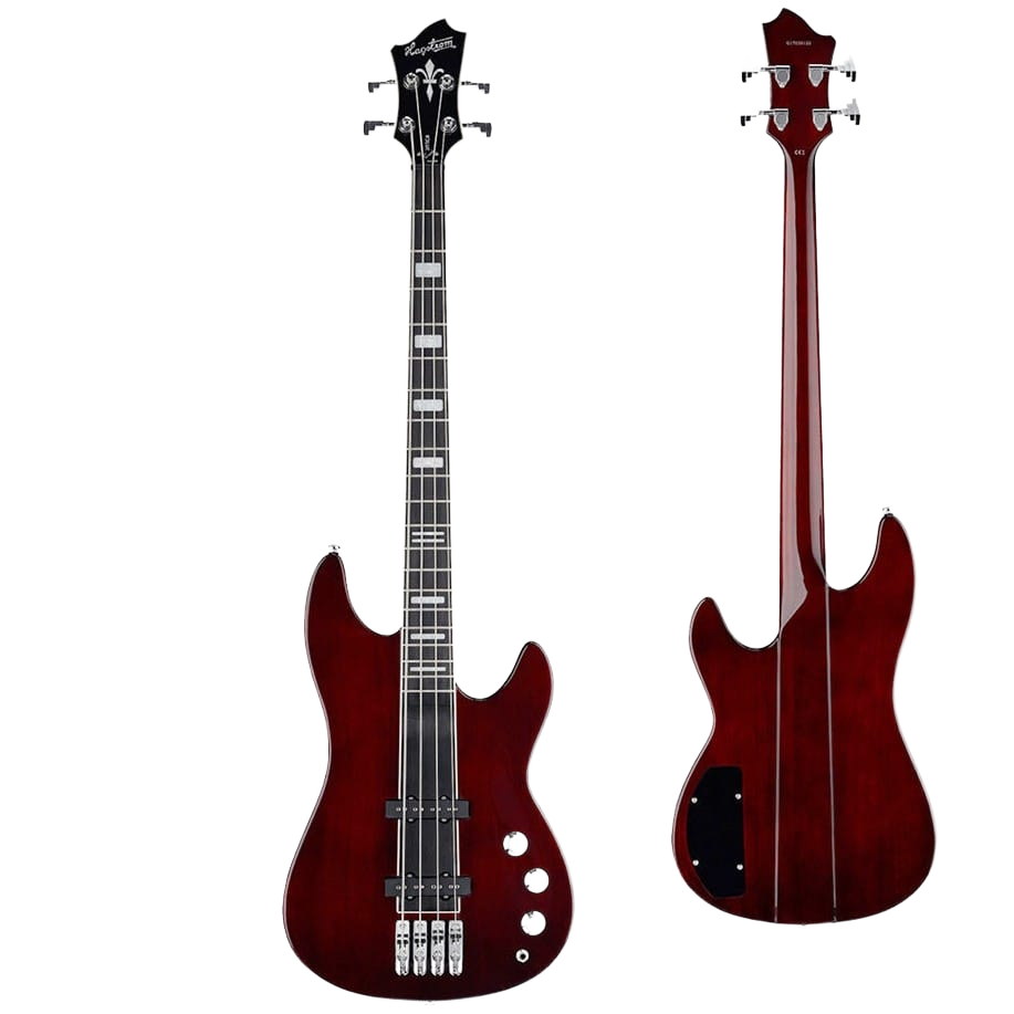 Hagstrom Super Swede bass guitar in natural mahogany finish, showing both the front view and a secondary back view of the instrument.