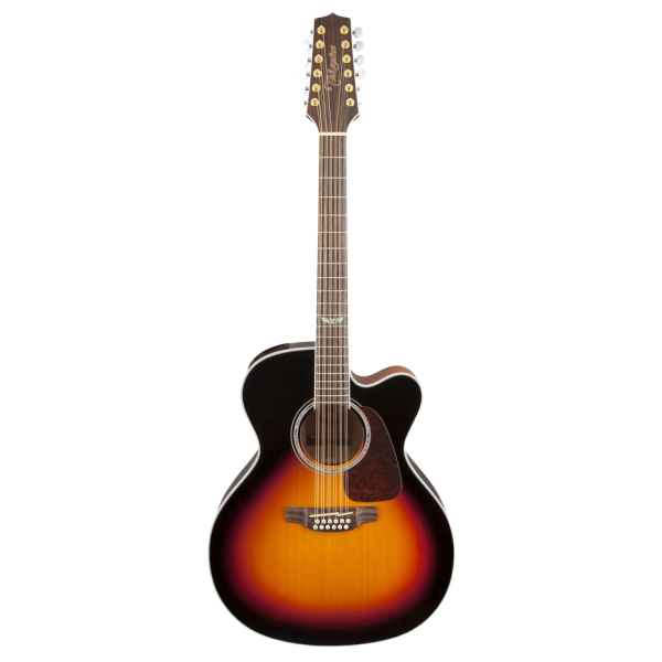 Front view of a Takamine GJ72CE12BSB jumbo acoustic-electric guitar featuring a brown sunburst finish, 12 strings, and a cutaway.