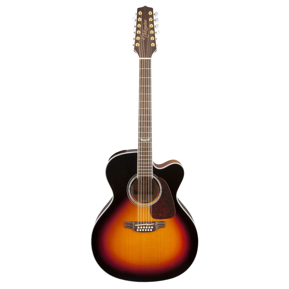 Front view of a Takamine GJ72CE12BSB jumbo acoustic-electric guitar featuring a brown sunburst finish, 12 strings, and a cutaway.