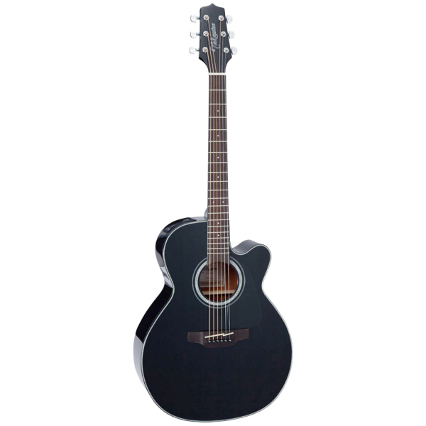 Front angled view of a Takamine GN30CEBLK NEX acoustic-electric guitar featuring a sleek black finish, solid top, and a lower cutaway.