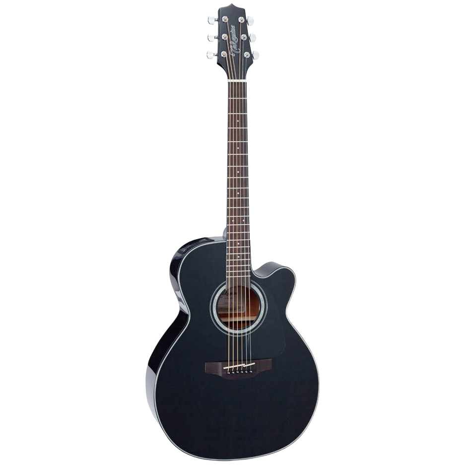 Front angled view of a Takamine GN30CEBLK NEX acoustic-electric guitar featuring a sleek black finish, solid top, and a lower cutaway.