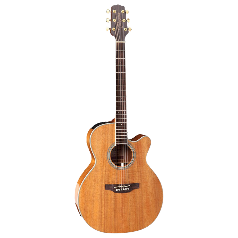 Front angled view of a Takamine GN77KCENAT NEX acoustic-electric guitar showcasing heavily figured Hawaiian koa wood grain and a cutaway.
