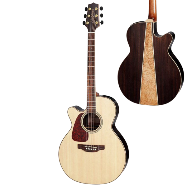 Front view of a left-handed Takamine GN93CENATLH NEX acoustic-electric guitar featuring a natural finish, solid top, and a lower cutaway.
