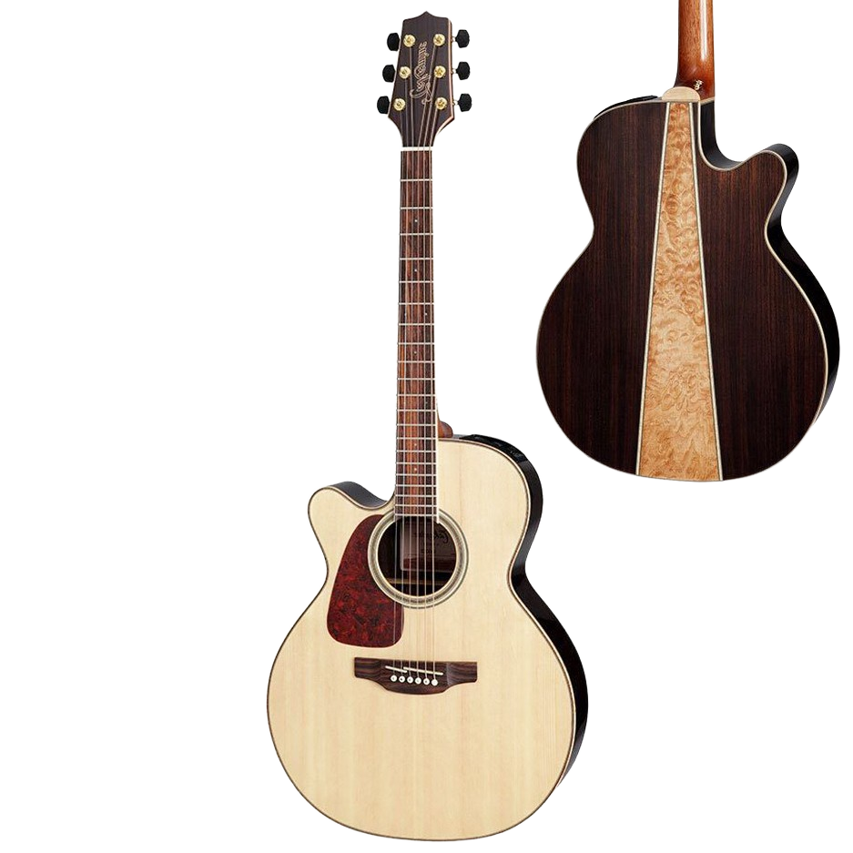 Front view of a left-handed Takamine GN93CENATLH NEX acoustic-electric guitar featuring a natural finish, solid top, and a lower cutaway.