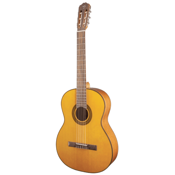 Front view of a left-handed Takamine GC1NATLH classical guitar featuring a natural spruce top, slotted headstock, and nylon strings.