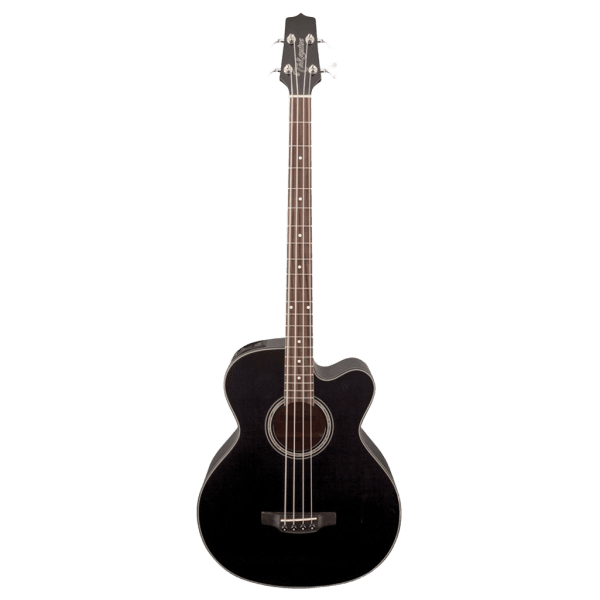 Front view of a Takamine GB30CEBLK acoustic-electric bass guitar featuring a black finish, NEX cutaway body, and four strings