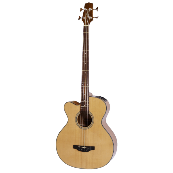 Front view of a left-handed Takamine GB30CENATLH acoustic-electric bass guitar featuring a natural gloss finish, solid spruce top, and NEX cutaway.