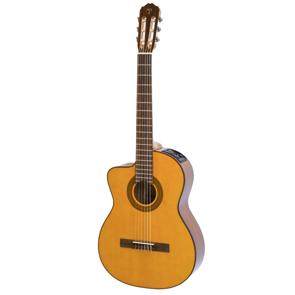 Front view of a left-handed Takamine GC1CENATLH acoustic-electric classical guitar featuring a natural finish, cutaway body, nylon strings, and a side-mounted preamp.